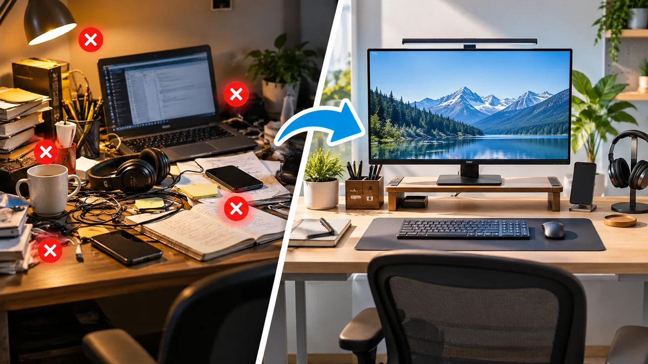 Split-screen comparison of a cluttered desk and a well-arranged home office workspace