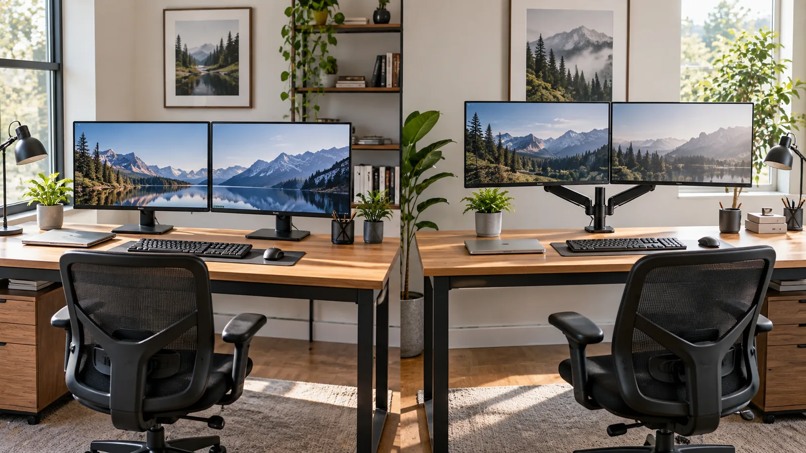 Two monitors mounted on a desk arm in a modern home workspace
