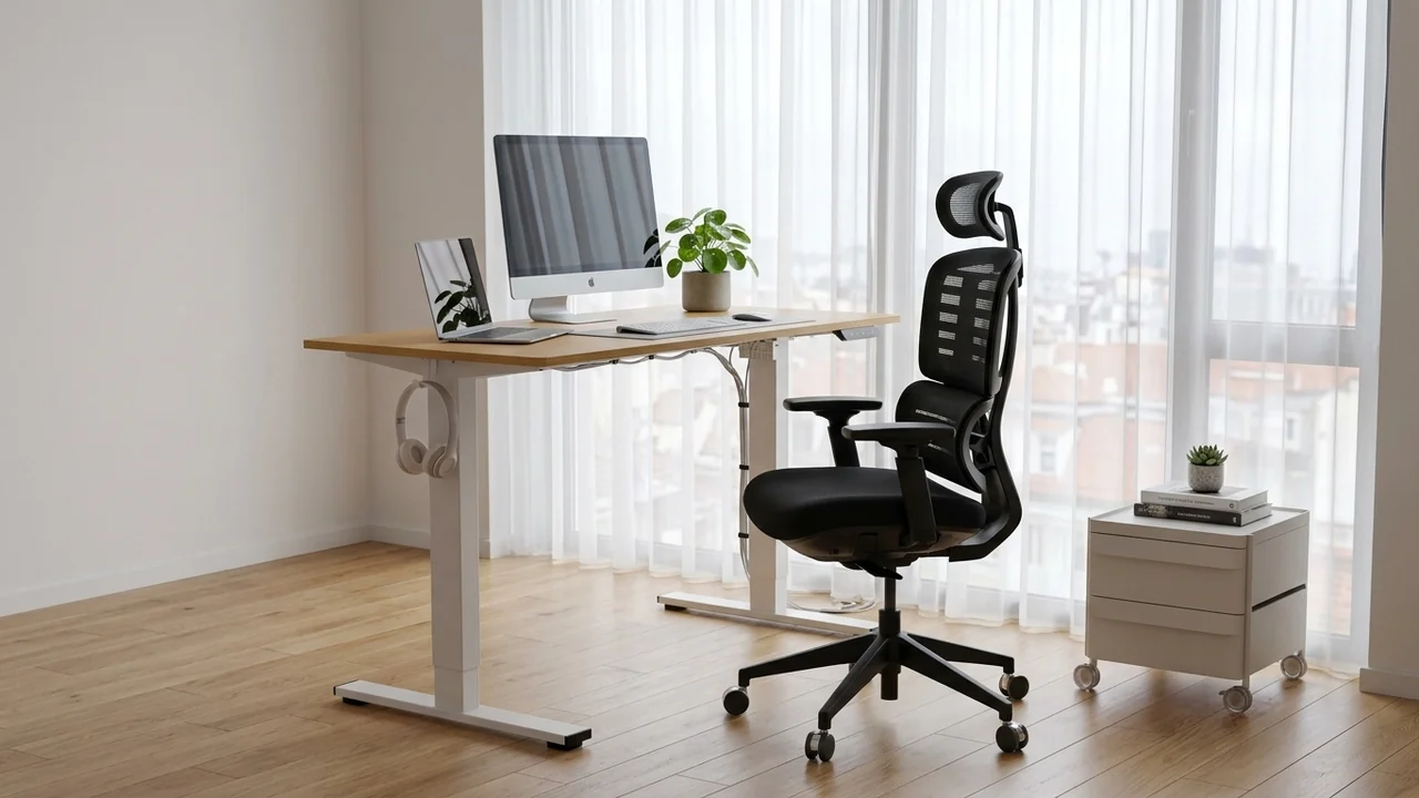 Organized home office desk with monitor, laptop, office chair, and simple workspace storage