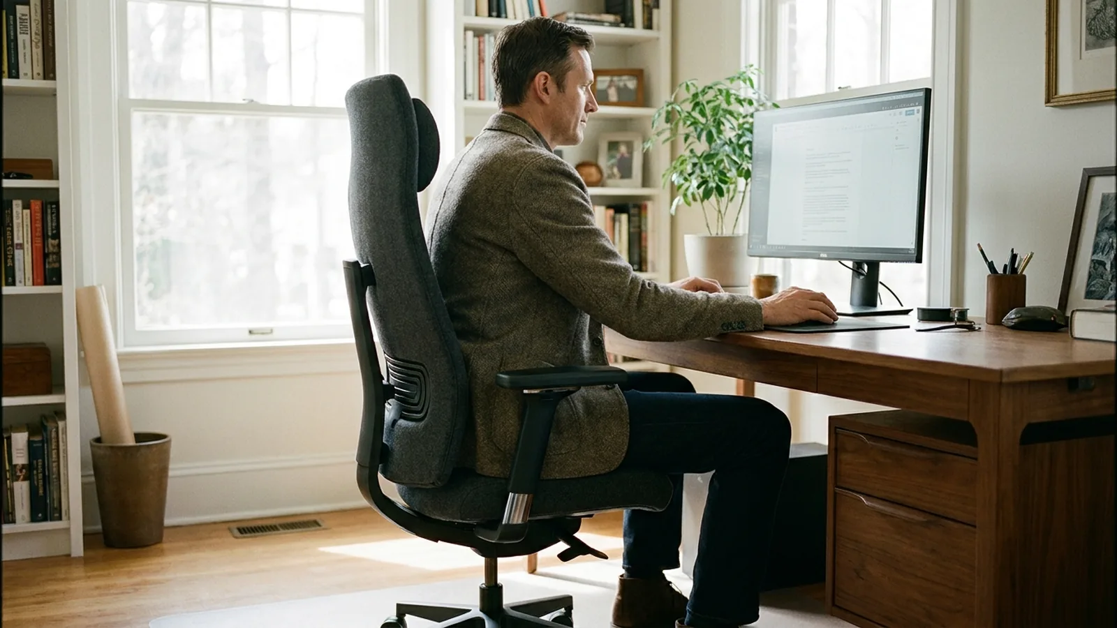 Tall person seated at an ergonomic office chair in a home workspace