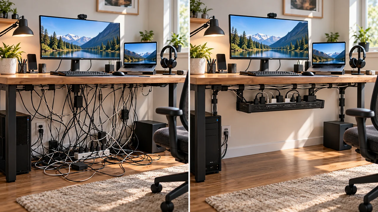 Before and after examples of messy and organized cables under a home office desk
