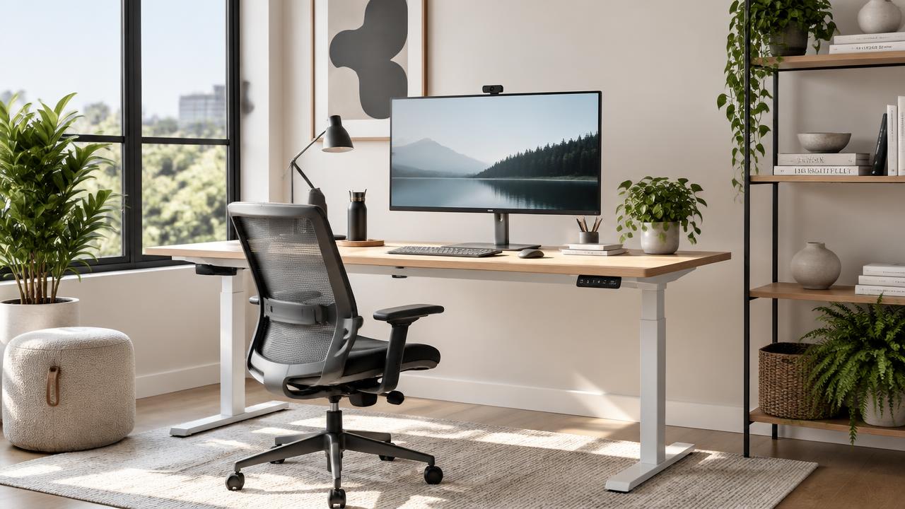 A bright home office with a light oak standing desk and ergonomic chair